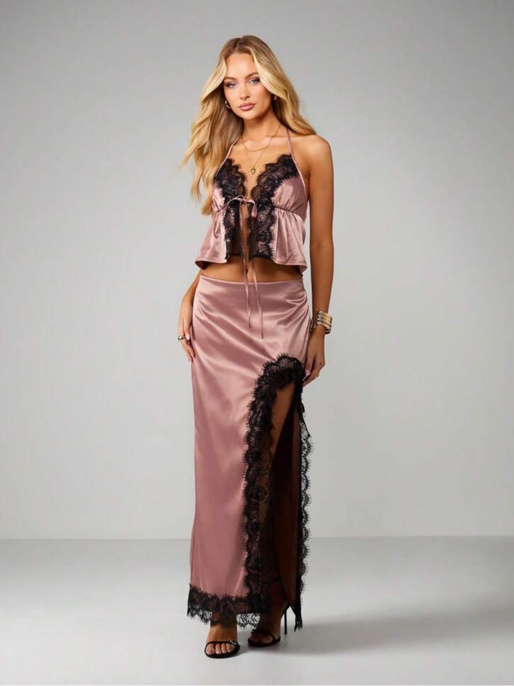 Missguided blush pink satin lace trim two-piece cami and maxi skirt set